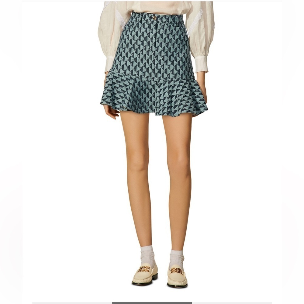 NWOT SANDRO Ruffled Monogram High-Waist Denim Skirt Size 3 (US Large)